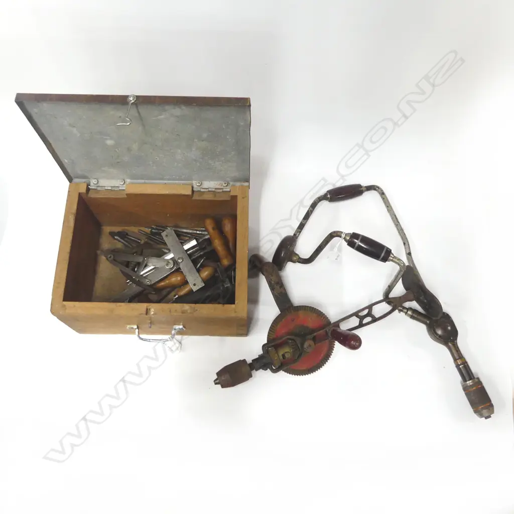 Drill brace, chest plate hand drill and box of various reamers, bits, etc. plus Stanley No. 30 angle divider Image 1++