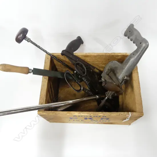 Rawlplug Mechanical Hammer; ratchet screwdriver, metal snips; Dr. Miller 'pig snouter' Shetack hacksaw, etc.