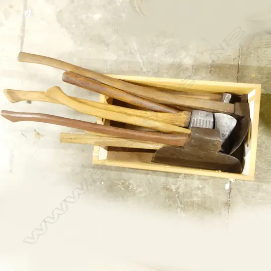 Railway spike maul; sledge hammer, hewing axe, 2 axes, tomahawk and adze
