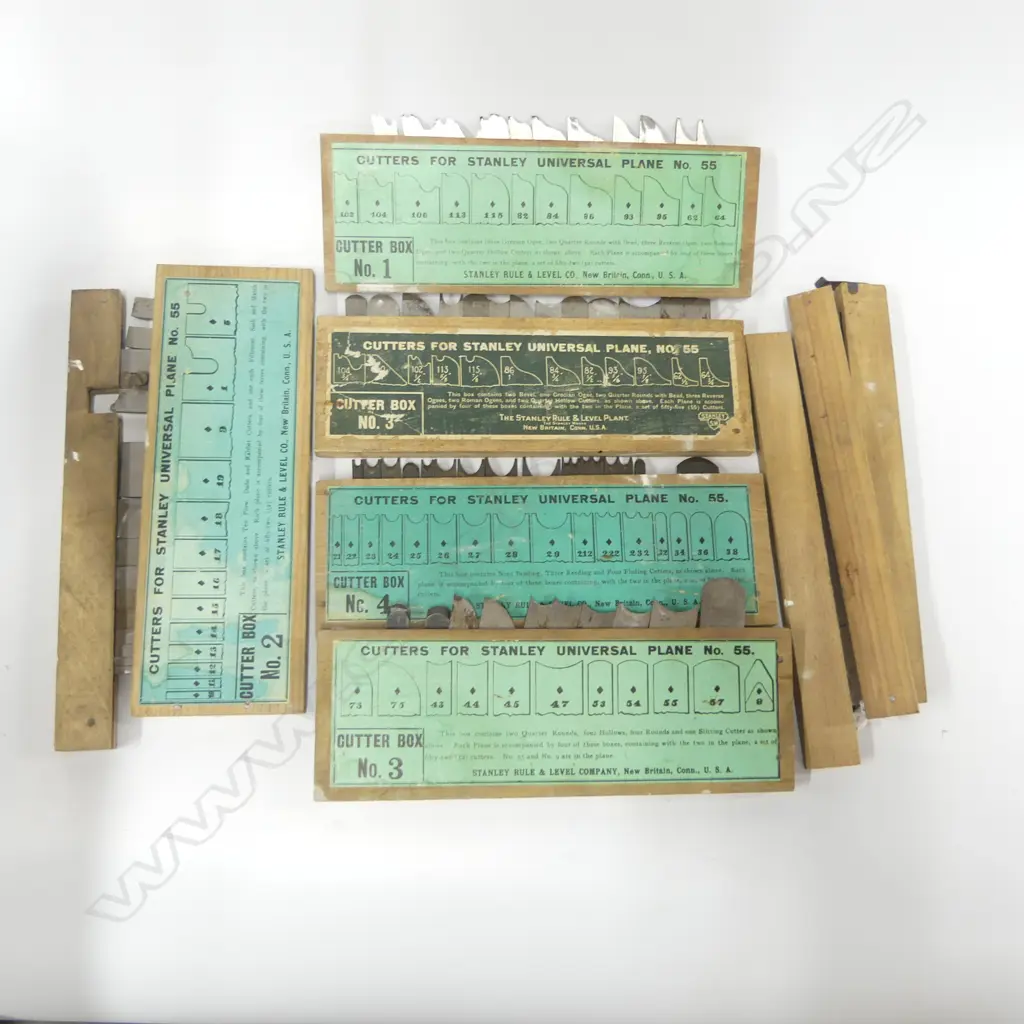 Five part boxes of cutters for Stanley No. 55 Universal planes. Image 1++