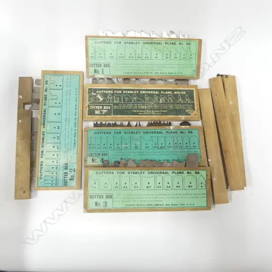 Five part boxes of cutters for Stanley No. 55 Universal planes.
