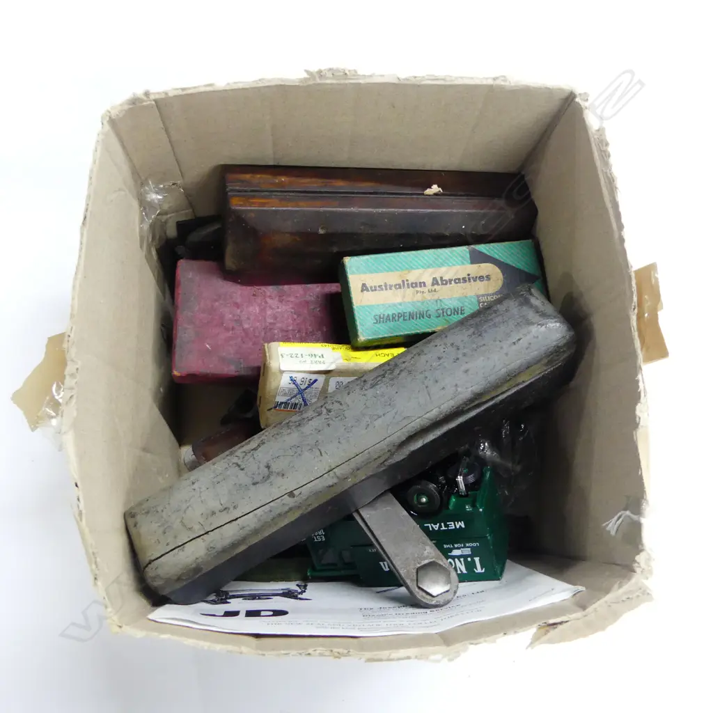Box of miscellaneous tools, odds, metal rules, cigarette cards (tools), truck model, cast Aluminium Wilson logo, etc Image 1++