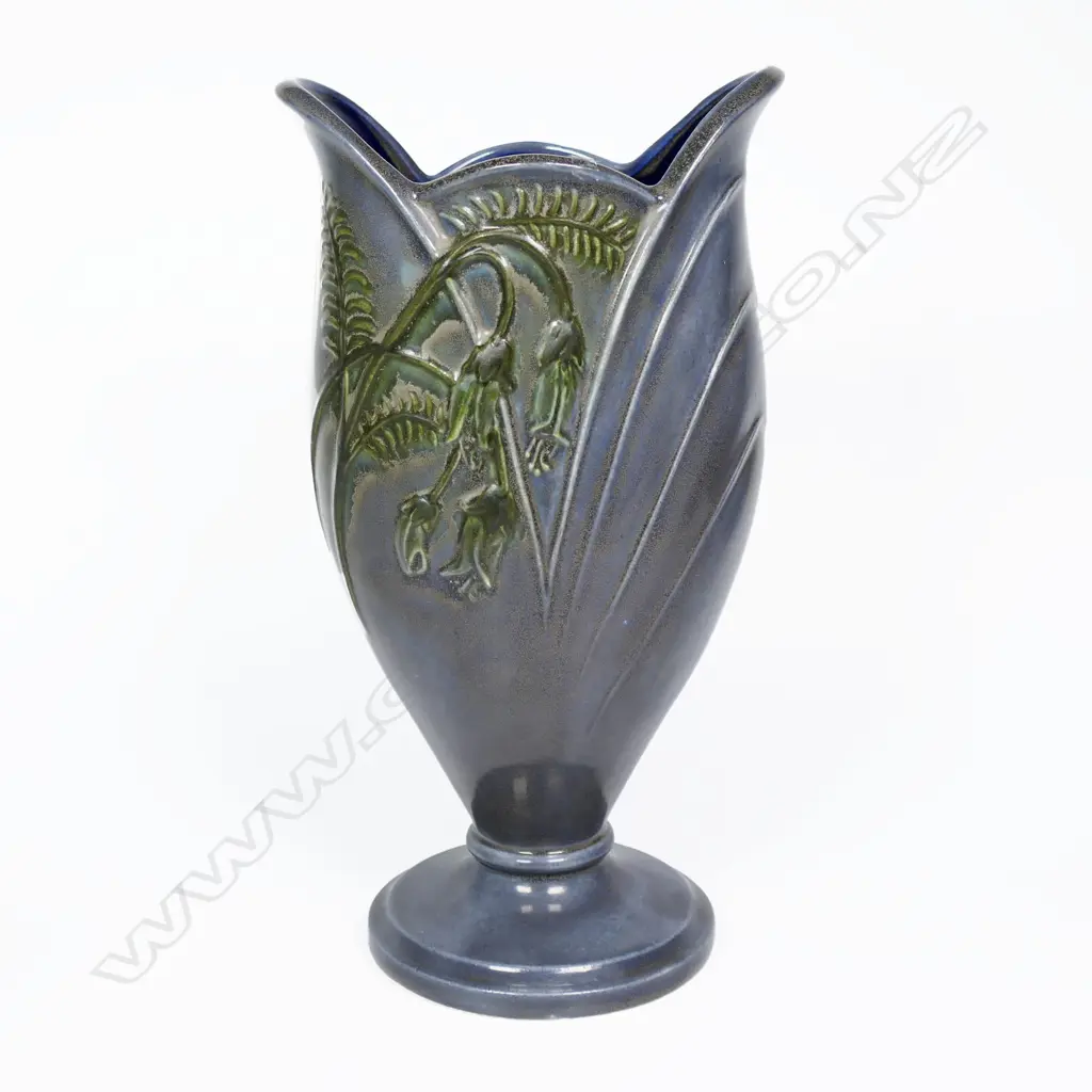 Titian style (Hobby Ceramics or Crown Lynn) Kowhai Vase green grey glaze. H.245mm Image 1++
