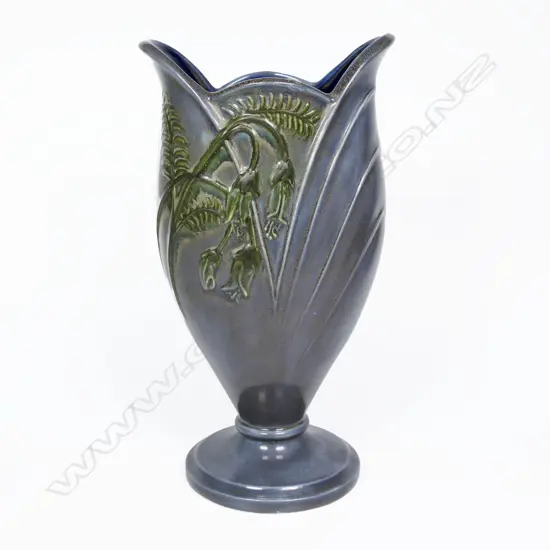 Titian style (Hobby Ceramics or Crown Lynn) Kowhai Vase green grey glaze. H.245mm