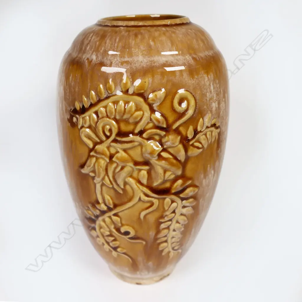 Crown Lynn Kowhai Vase. Brown glaze. H200mm. Image 1++