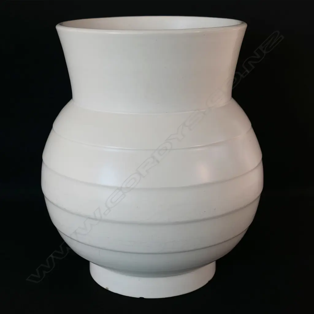 A medium hand potted Crown Lynn vase. Lathed decoration. printed Tiki mark to base Image 1++