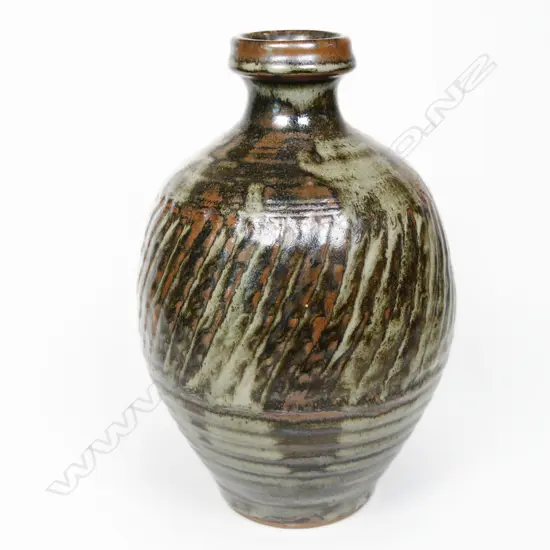 Mirek Smisek Baluster Vase. Tenmoku & ash glazed w band incised diagonal lines. H.265mm