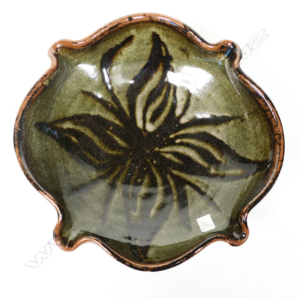 Mirek Smisek Four Lipped Bowl. Wax resist sunflower glazed center grey over tenmoku.. Impressed mark.  Dia.250mm. Image 1++