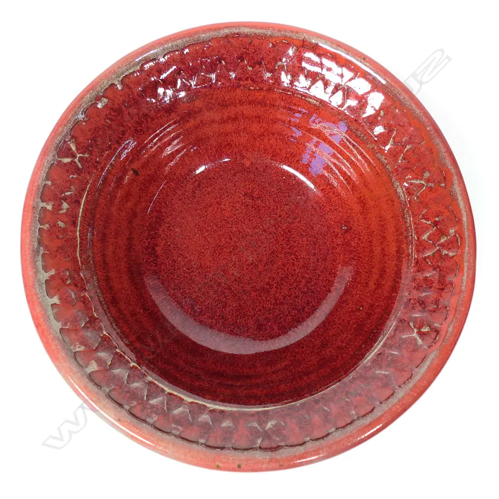 Mirek Smisek Rare Red Glazed Bowl. Impressed diamond banded rim. Impressed potter's mark. Dia.180mm. Image 1++