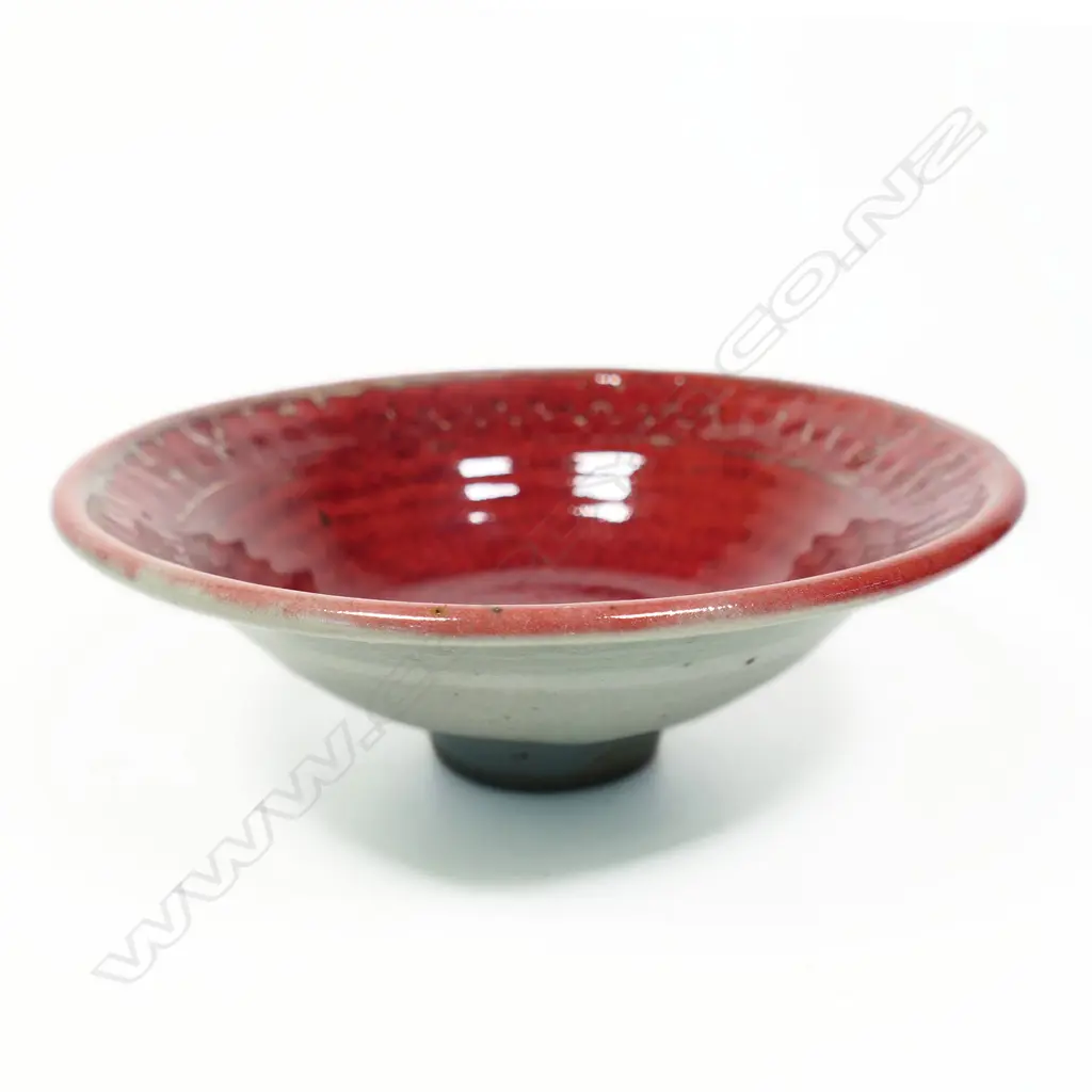Mirek Smisek Rare Red Glazed Bowl. Impressed diamond banded rim. Impressed potter's mark. Dia.180mm. Image 1++