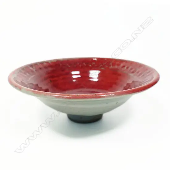 Mirek Smisek Rare Red Glazed Bowl. Impressed diamond banded rim. Impressed potter's mark. Dia.180mm.