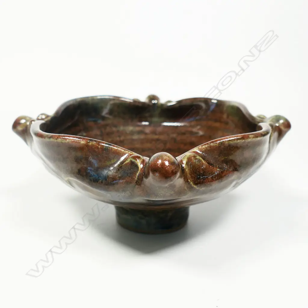 Mirek Smisek 'Gateway to the World' Bowl Sculpted rim variable red brown glaze blue highlights. Impressed potter's mark. Image 1++