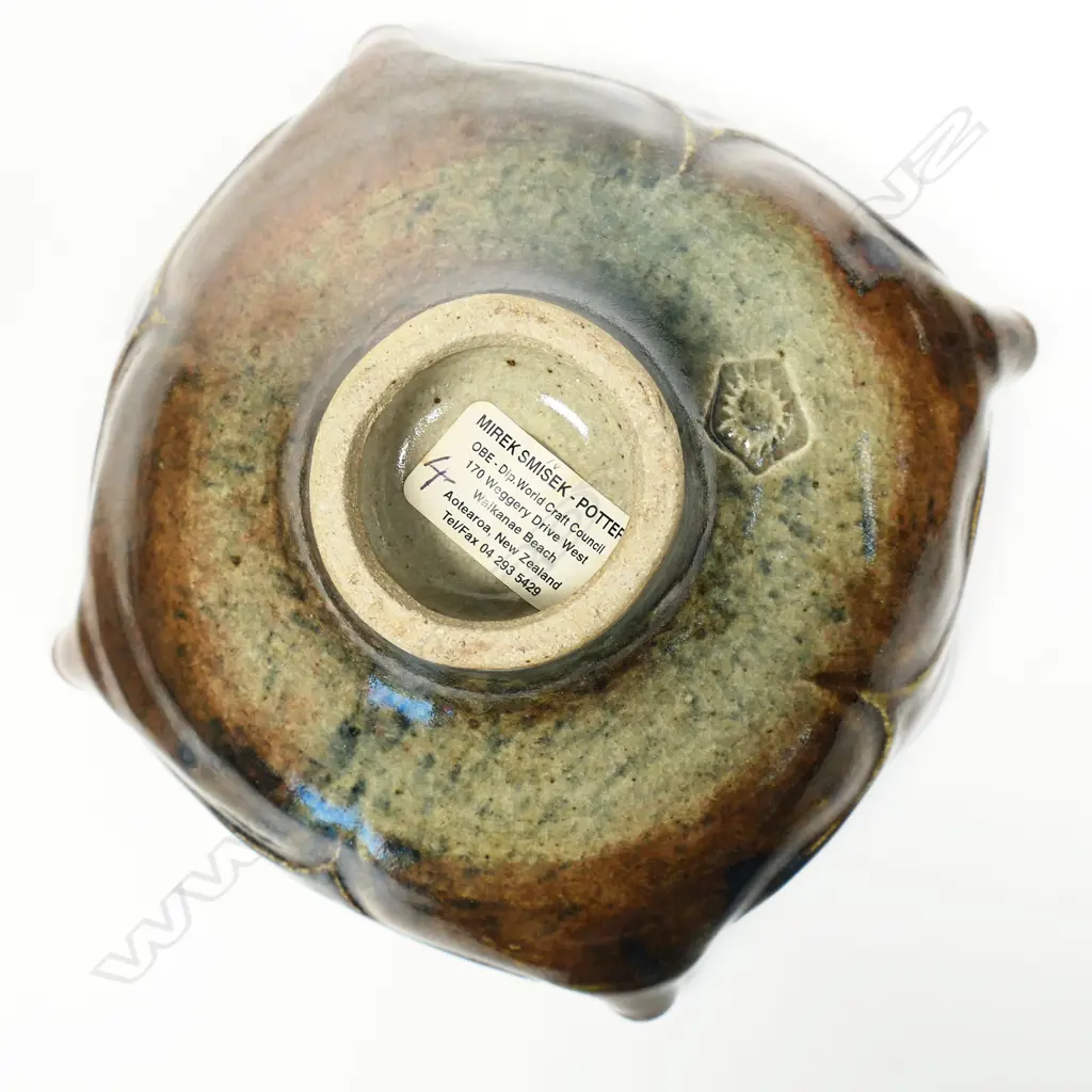Mirek Smisek 'Gateway to the World' Bowl Sculpted rim variable red brown glaze blue highlights. Impressed potter's mark. Image 1++