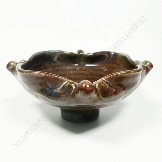 Mirek Smisek 'Gateway to the World' Bowl Sculpted rim variable red brown glaze blue highlights. Impressed potter's mark.