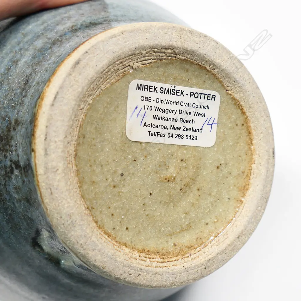 Mirek Smisek Baluster Vase. Band of wax resist pattern to the body on blue glaze . Impressed potter's mark. H.260mm Image 1++