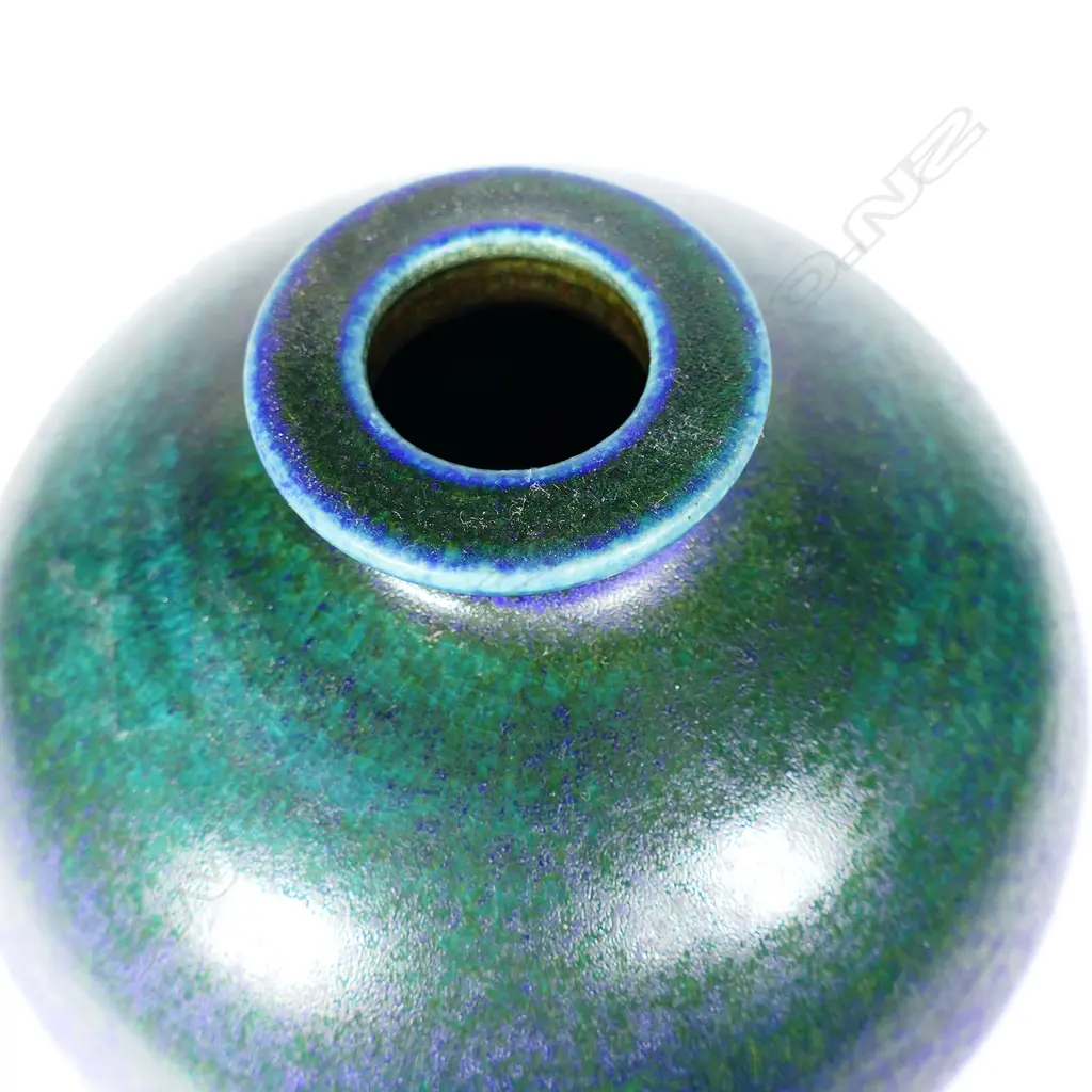 Graeme Storm Squat Spherical Vase. Green & purple blue glaze. H.170mm Image 1++