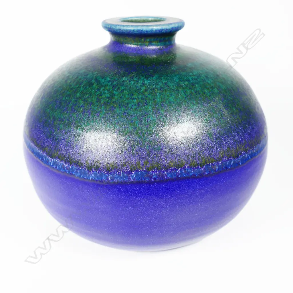 Graeme Storm Squat Spherical Vase. Green & purple blue glaze. H.170mm Image 1++
