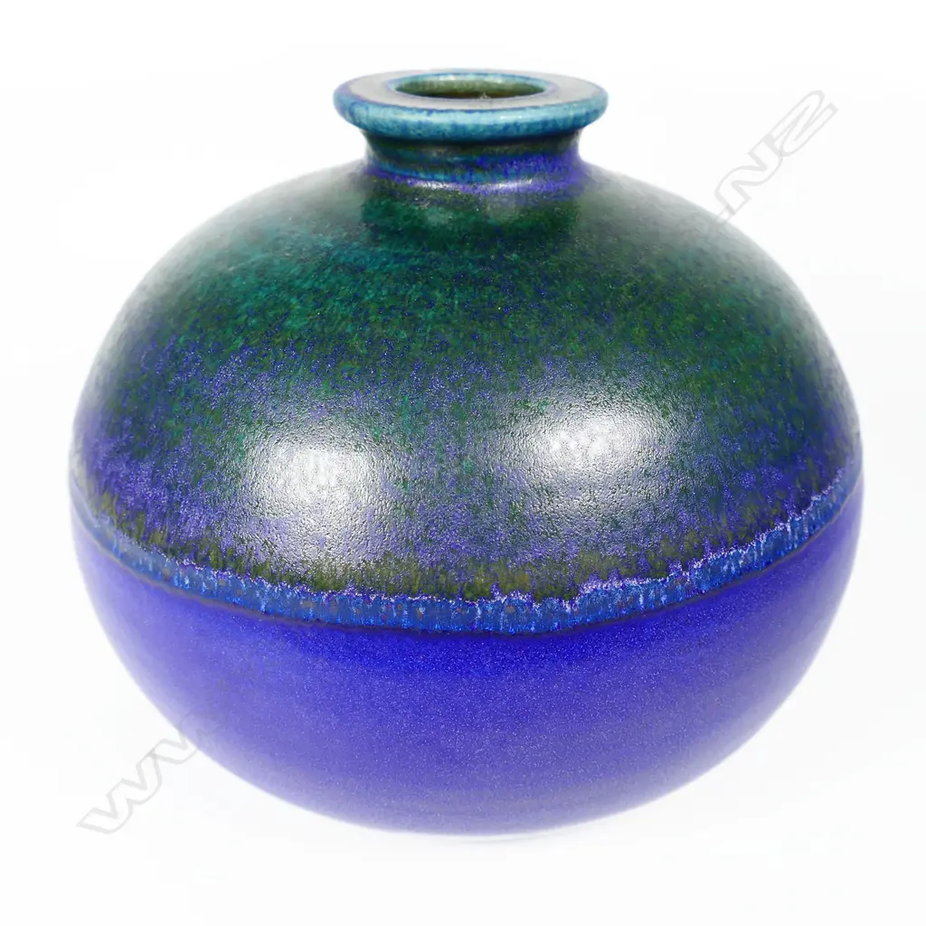 Graeme Storm Squat Spherical Vase. Green & purple blue glaze. H.170mm Image 1++