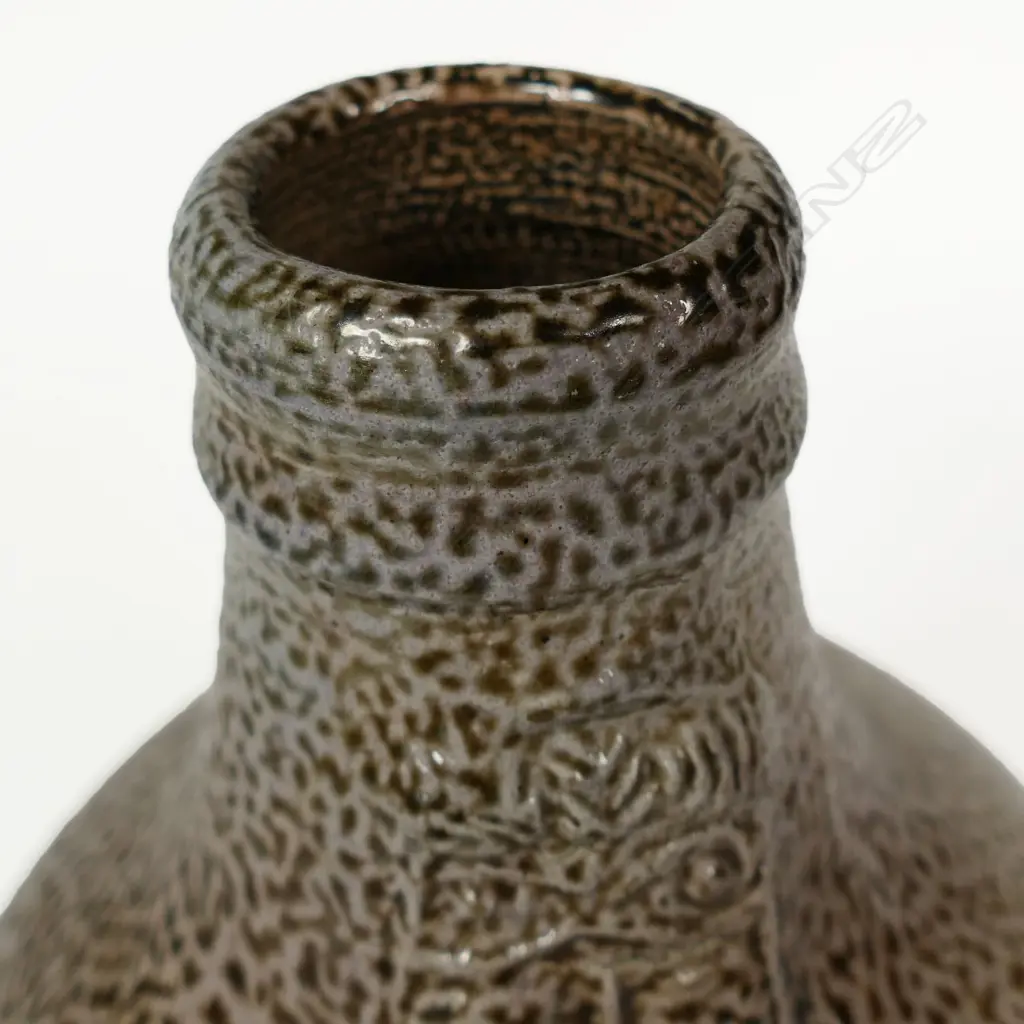 Graeme Storm Stoneware Bellarmine. Salt glazed w bearded mask panel. H.190mm. Image 1++