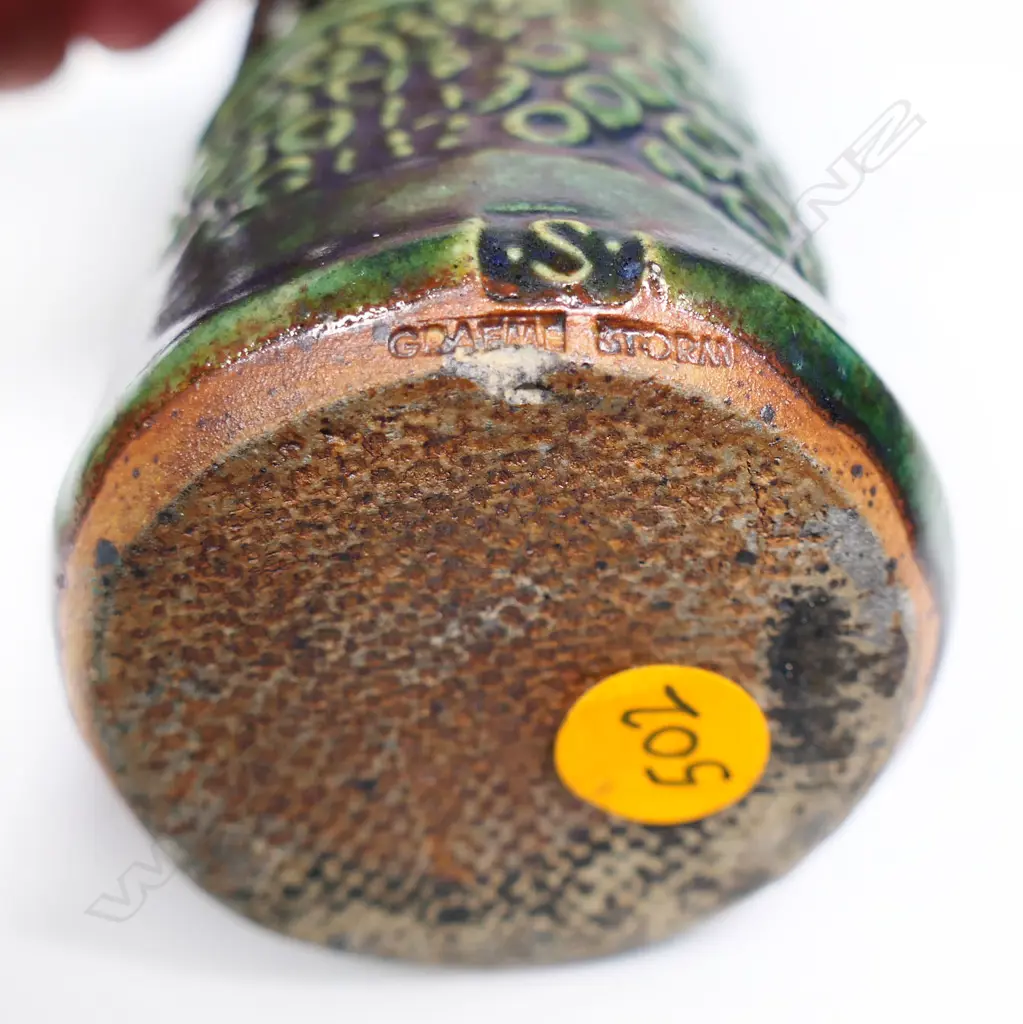 Graeme Storm Green Glazed Vase. Repeating bands of circular design. Potter's mark lower side. H.315mm (sml chip to rim) Image 1++