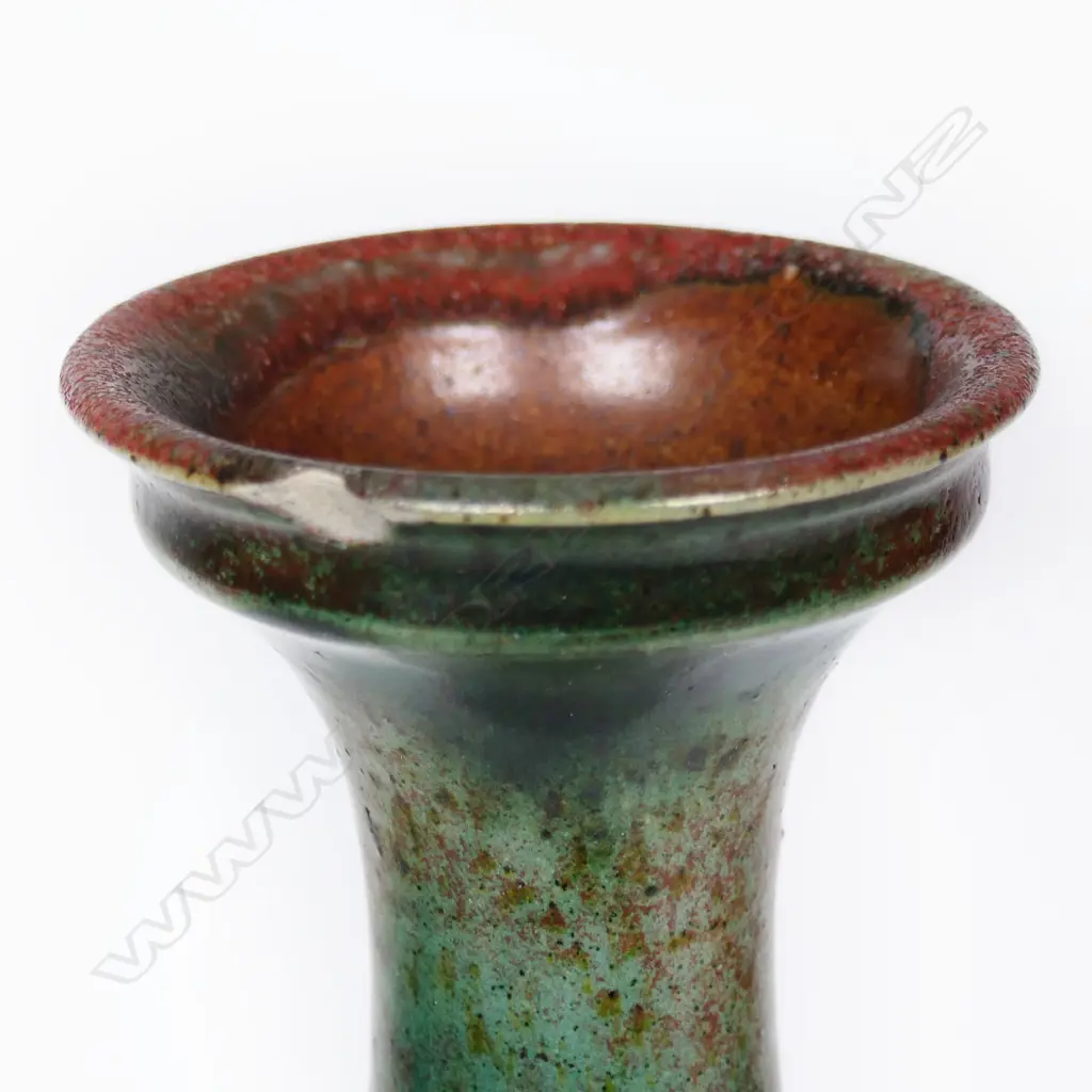 Graeme Storm Green Glazed Vase. Repeating bands of circular design. Potter's mark lower side. H.315mm (sml chip to rim) Image 1++