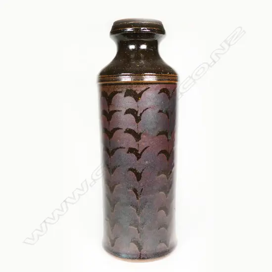 Graeme Storm Tall Cylinder Vase. Lustre glaze w wax resist decoration. H.385mm
