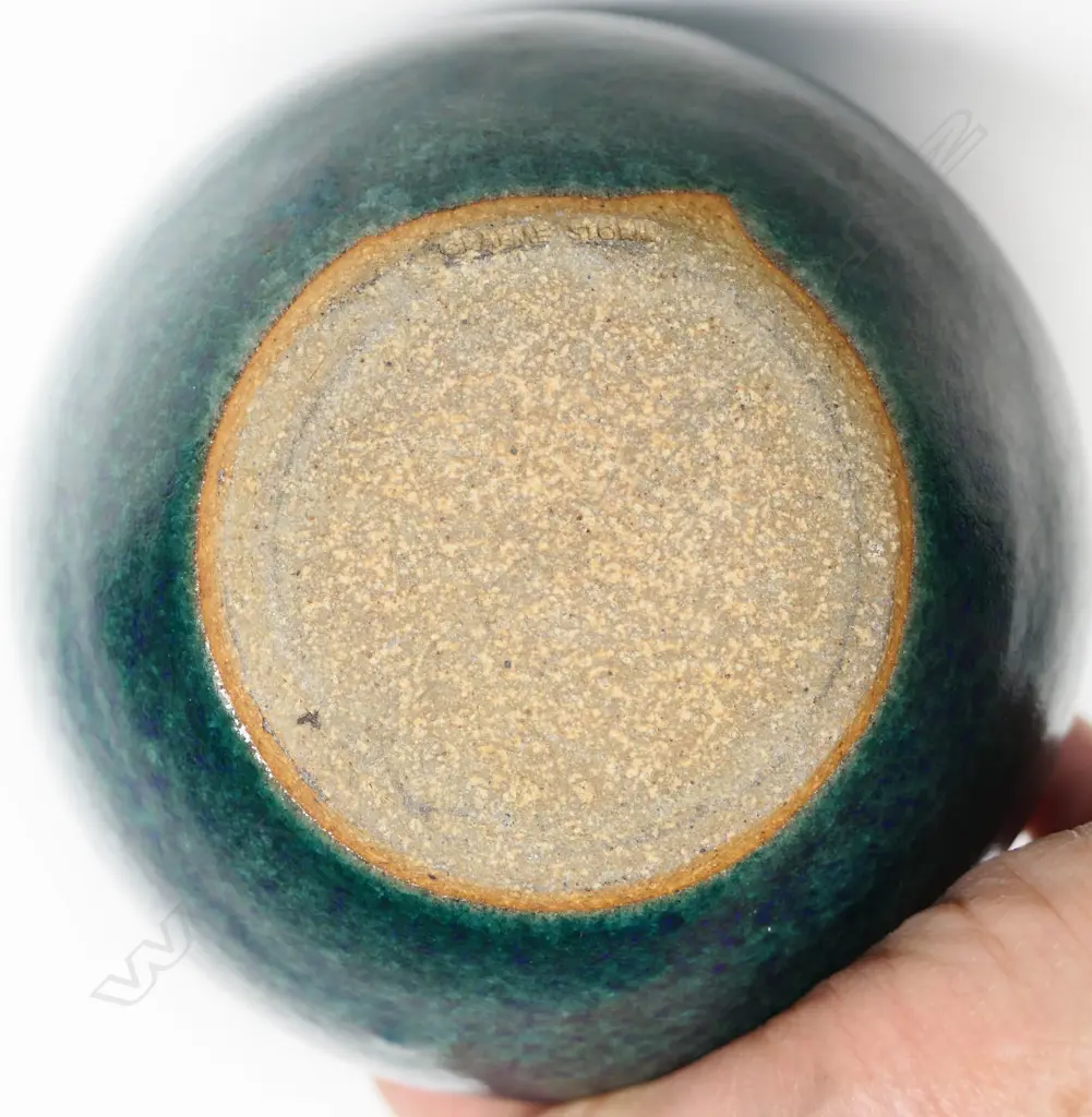 Graeme Storm Green Glazed Ovid Vase. Wide lipped neck. Potter's mark to base. H.105mm Image 1++