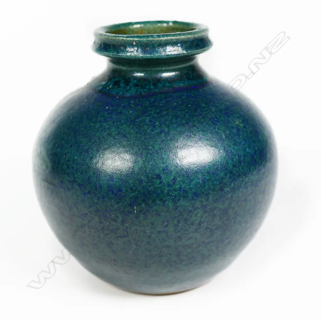 Graeme Storm Green Glazed Ovid Vase. Wide lipped neck. Potter's mark to base. H.105mm Image 1++