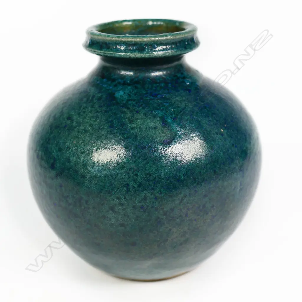 Graeme Storm Green Glazed Ovid Vase. Wide lipped neck. Potter's mark to base. H.105mm Image 1++