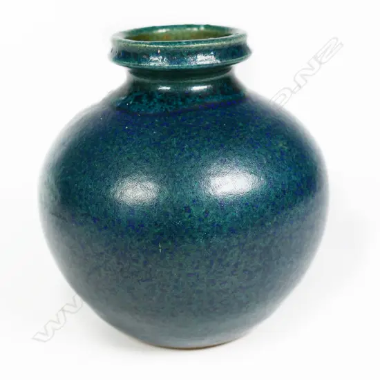 Graeme Storm Green Glazed Ovid Vase. Wide lipped neck. Potter's mark to base. H.105mm