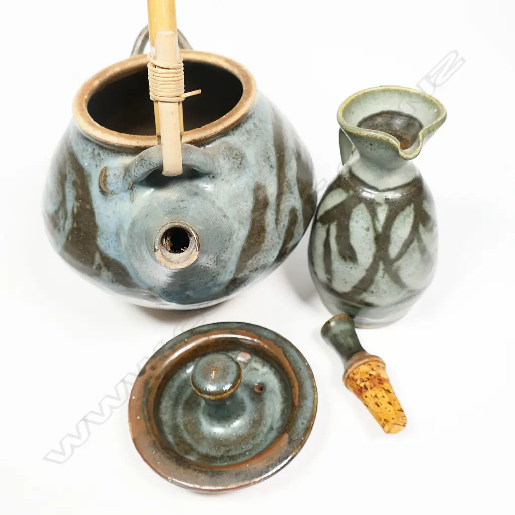 Peter Stichbury large cane-handled teapot & stoppered oil bottle Image 1++