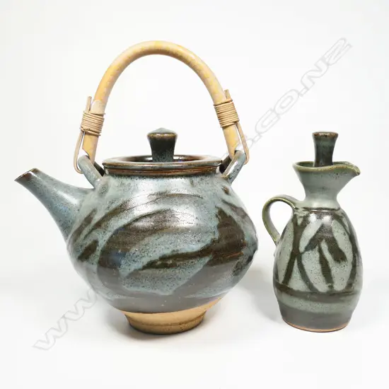 Peter Stichbury large cane-handled teapot & stoppered oil bottle