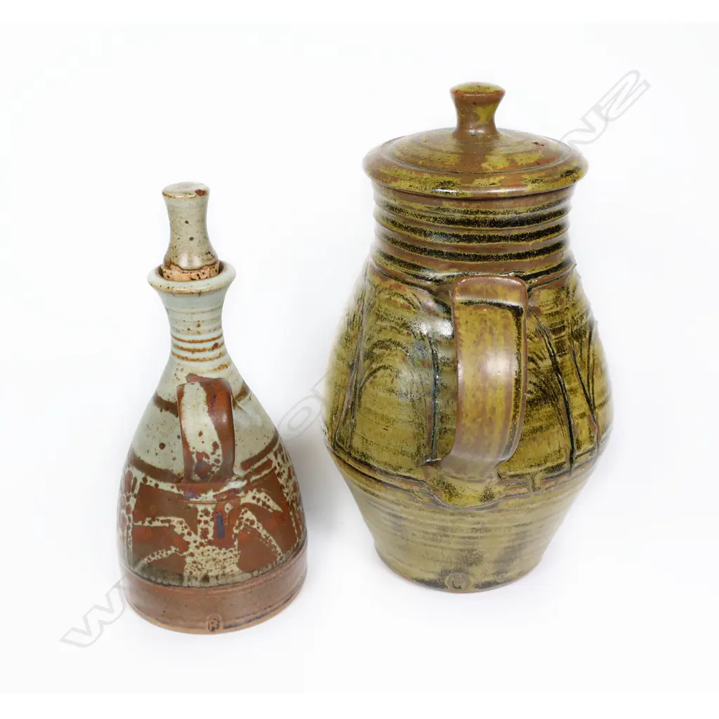 Peter Stichbury Coffee Pot & Oil Bottle. Both potter's mark to base, H.240 & 200mm Image 1++