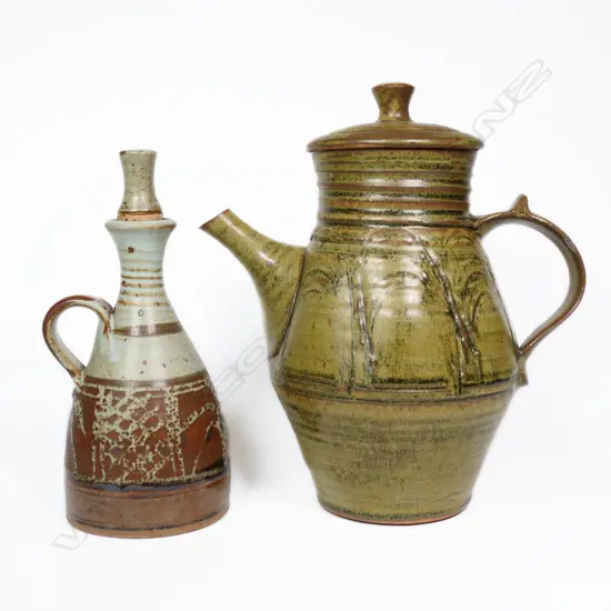 Peter Stichbury Coffee Pot & Oil Bottle. Both potter's mark to base, H.240 & 200mm