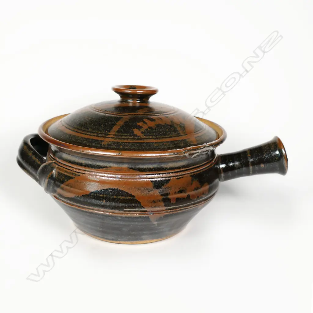 *RTV* Peter Stichbury Lidded Casserole. Tenmoko gaze. Potter's mark lower side. Dated 1971. H.150 DIA.200mm damaged rim Image 1++