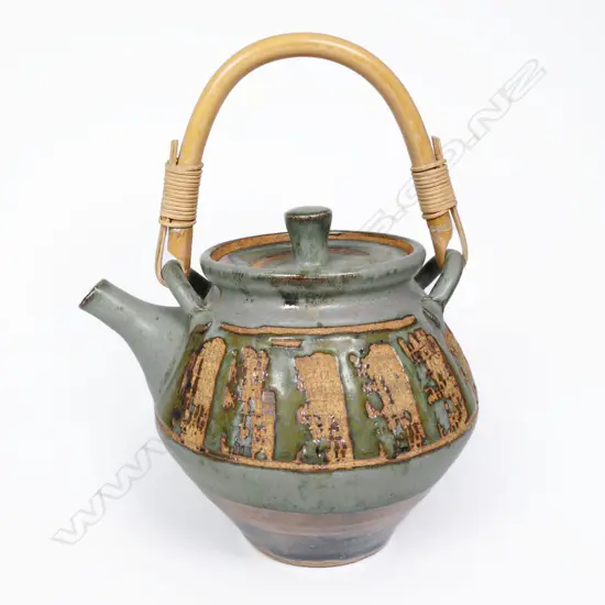 *RTV* Peter Stichbury Early Teapot w Cane Handle. Potter's mark lower side. H.180mm