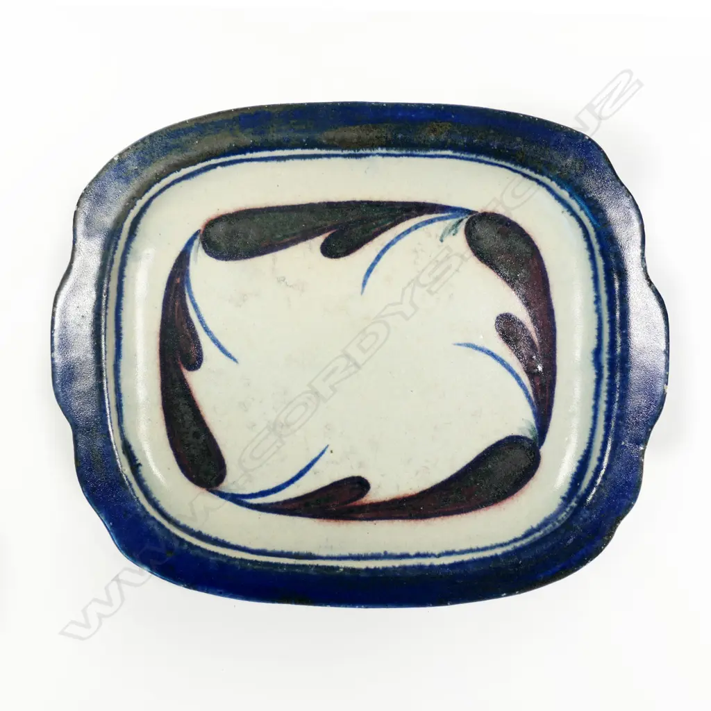 Pamela Ansouth Serving Platter red brushed detail framed by blue border. L.325mm. Impressed potter's mark. Image 1++