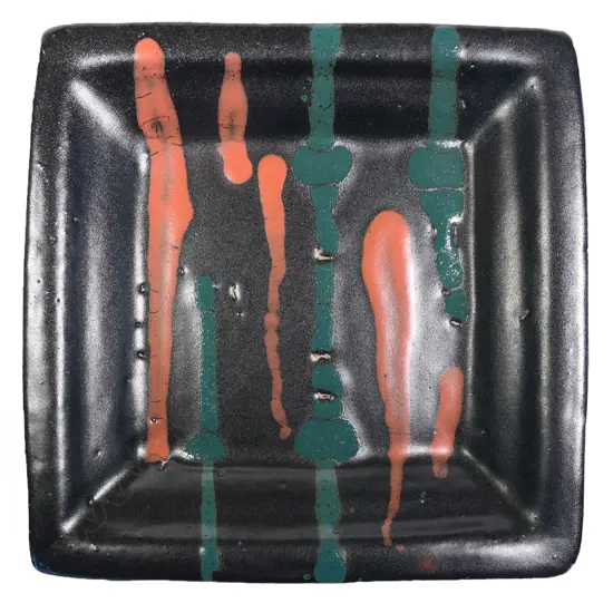 Doreen Blumhardt large square platter poured banded glaze orange/red and green on black. 365 x 365mm.