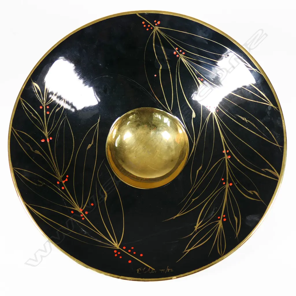 Peter Collis Lg Footed Dish. Bk w gold highlights. Signed & dated '99. Dia.420mm Image 1++