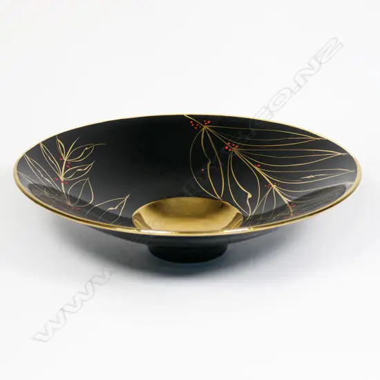 Peter Collis Lg Footed Dish. Bk w gold highlights. Signed & dated '99. Dia.420mm