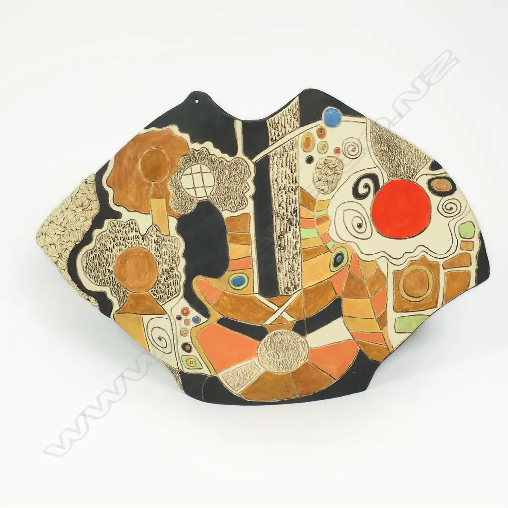Dulcie Draper Wing Vase. Terracotta w incised colourful & textured designs. 2015. H.300 x 430mm Image 1++