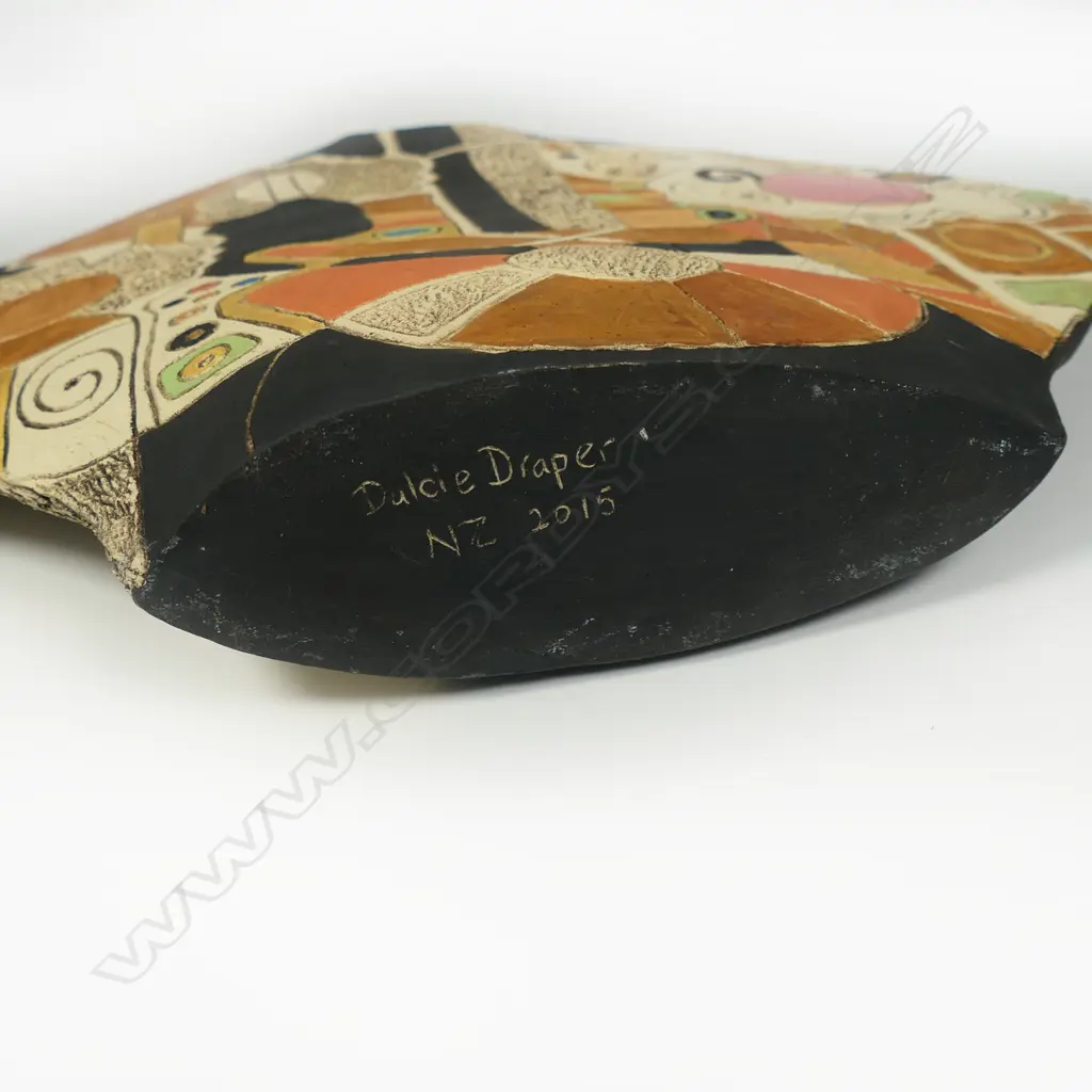 Dulcie Draper Wing Vase. Terracotta w incised colourful & textured designs. 2015. H.300 x 430mm Image 1++