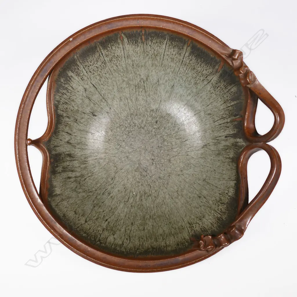Ian Firth Lg Bowl. Featured flourished handles. Green glazed radiating internal high lights. Dia.395mm Image 1++
