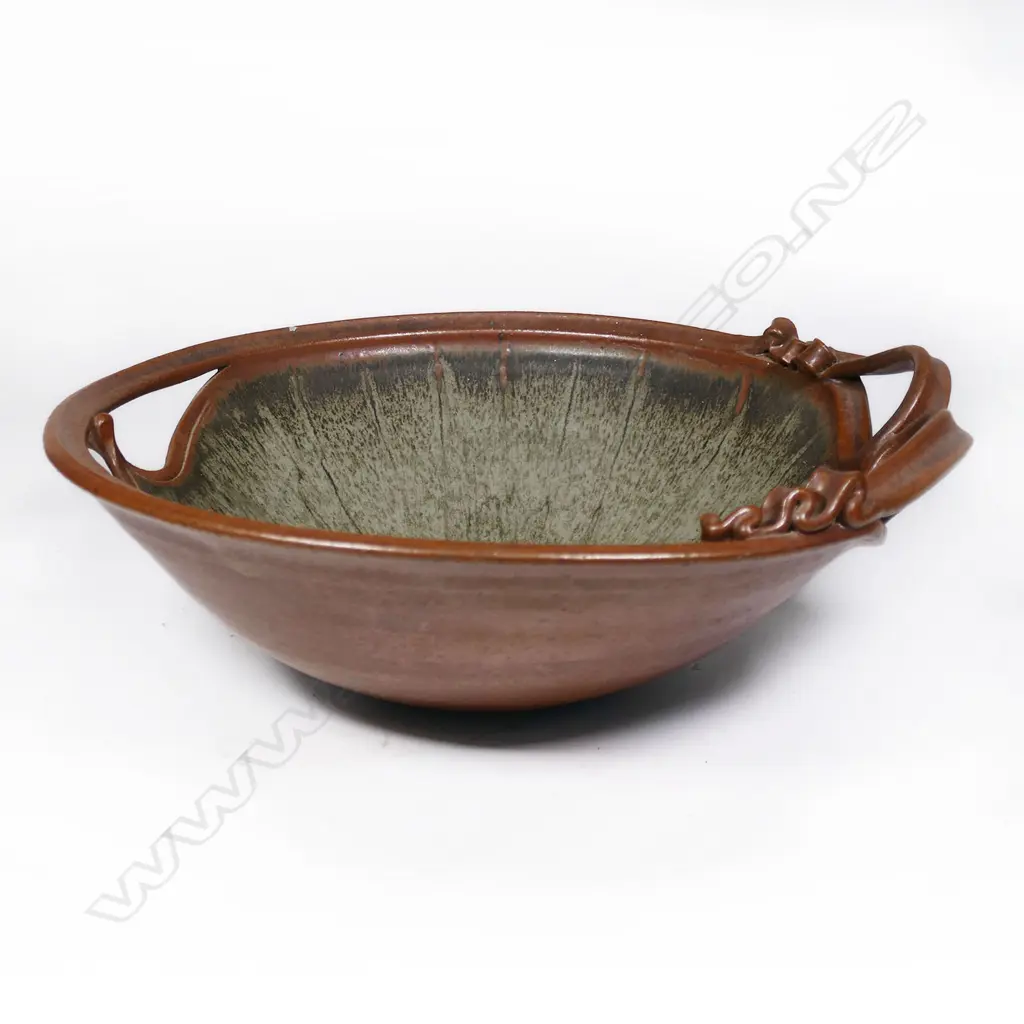 Ian Firth Lg Bowl. Featured flourished handles. Green glazed radiating internal high lights. Dia.395mm Image 1++