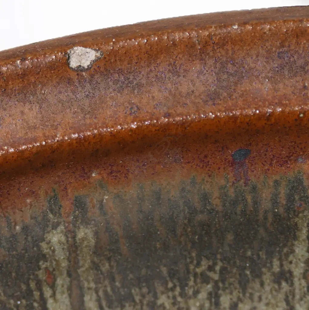 Ian Firth Lg Bowl. Featured flourished handles. Green glazed radiating internal high lights. Dia.395mm Image 1++