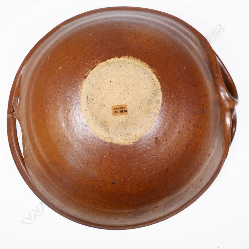 Ian Firth Lg Bowl. Featured flourished handles. Green glazed radiating internal high lights. Dia.395mm Image 1++