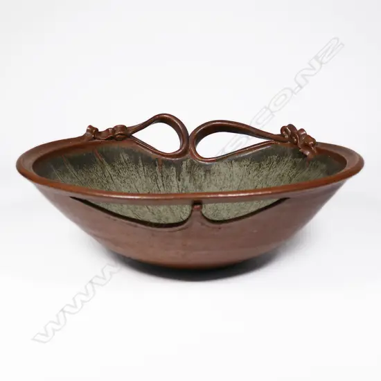 Ian Firth Lg Bowl. Featured flourished handles. Green glazed radiating internal high lights. Dia.395mm