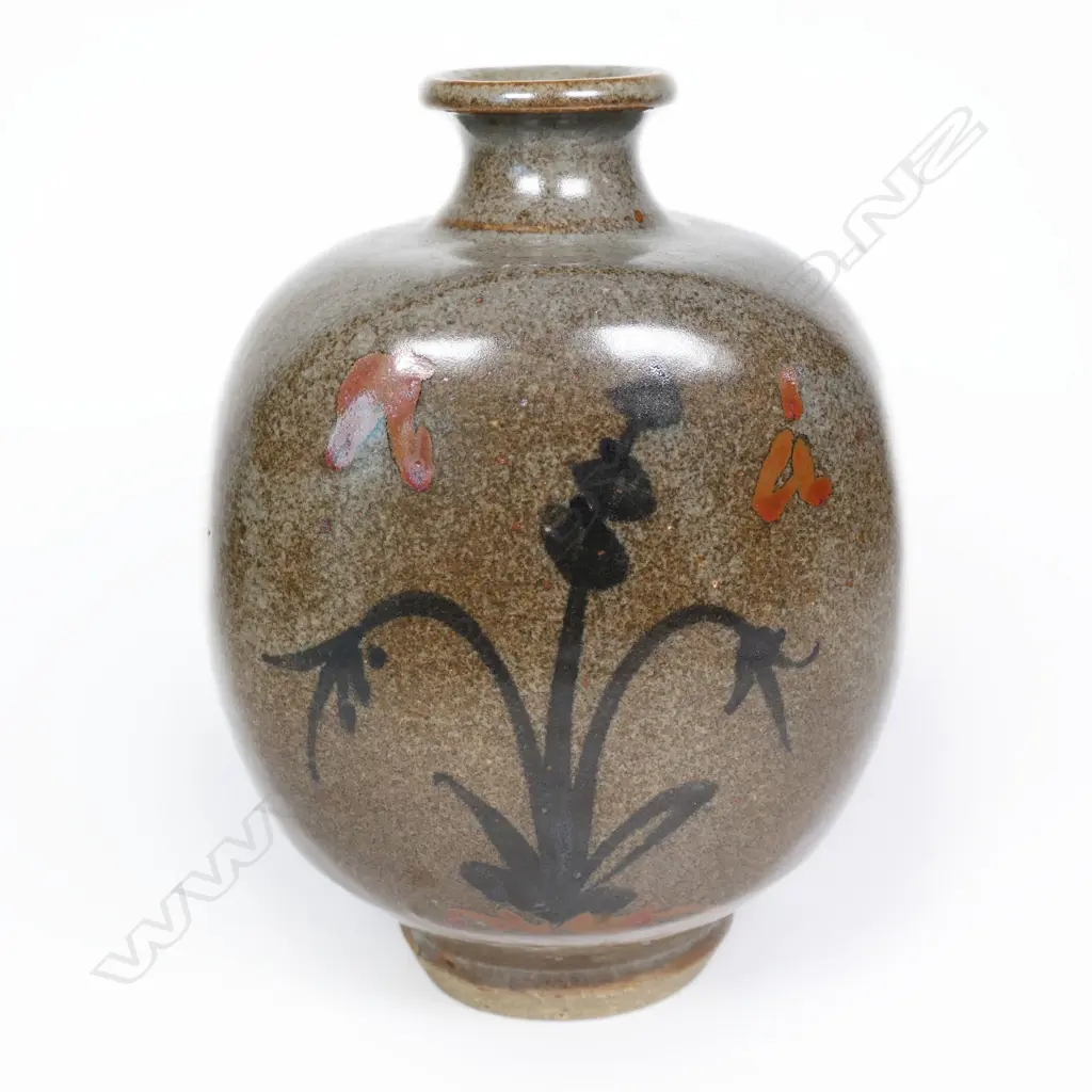 Paul Fisher Vase. Brushed flowering plant decoration. Potter's mark on base, H.190mm Image 1++