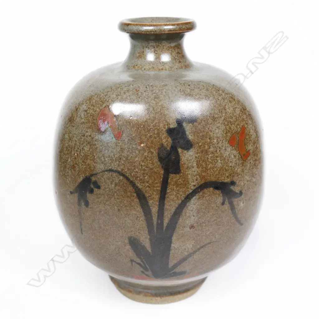 Paul Fisher Vase. Brushed flowering plant decoration. Potter's mark on base, H.190mm Image 1++