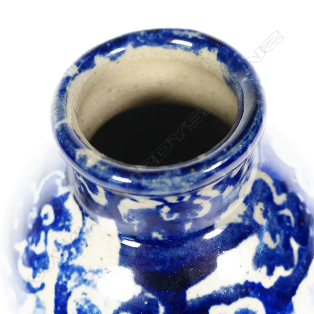 Paul Fisher Blue Vase. Block printed w repeating floral decoration. H.120mm Image 1++